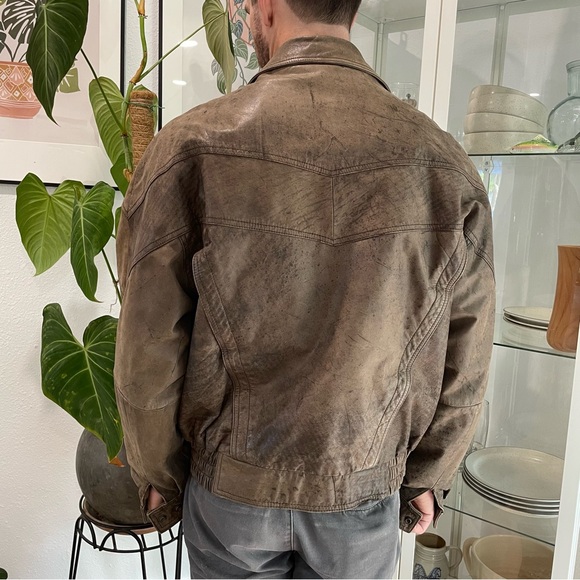Vintage Rustic Heavy Leather Brown New Zealand  Outback Bomber Jacket Size Large - Picture 3 of 15